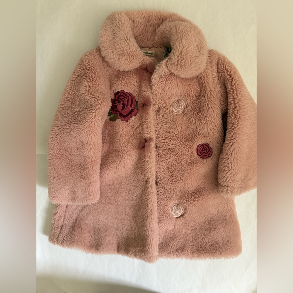Piccola Speranza Faux Fur Coat with Rose Embroidery